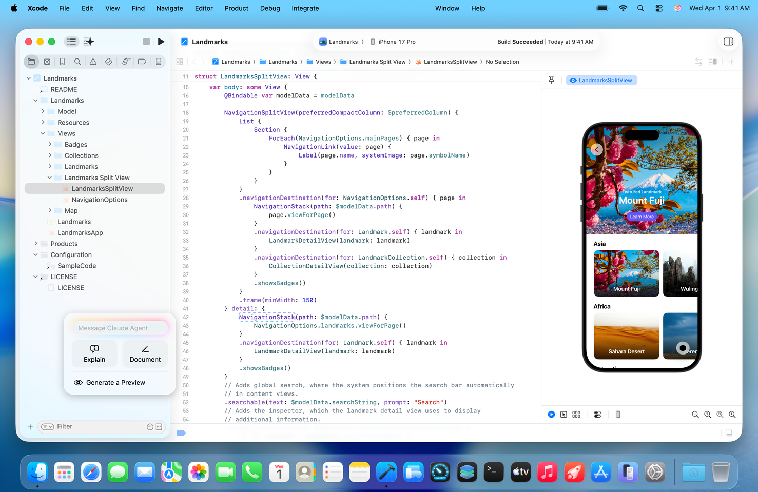 Xcode interface showing an AI agent workflow alongside a SwiftUI preview