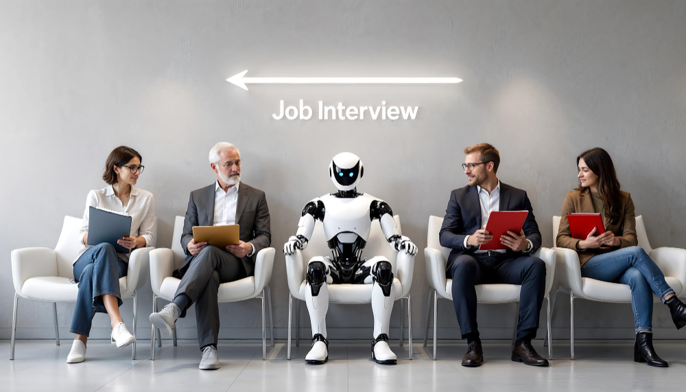 A humanoid robot sits among human job candidates in a waiting room, holding folders and tablets before a job interview