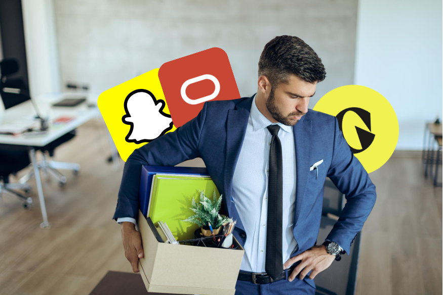 A composite image showing the Snap, Oracle, and GoCardless logos alongside a graph of tech sector job cuts