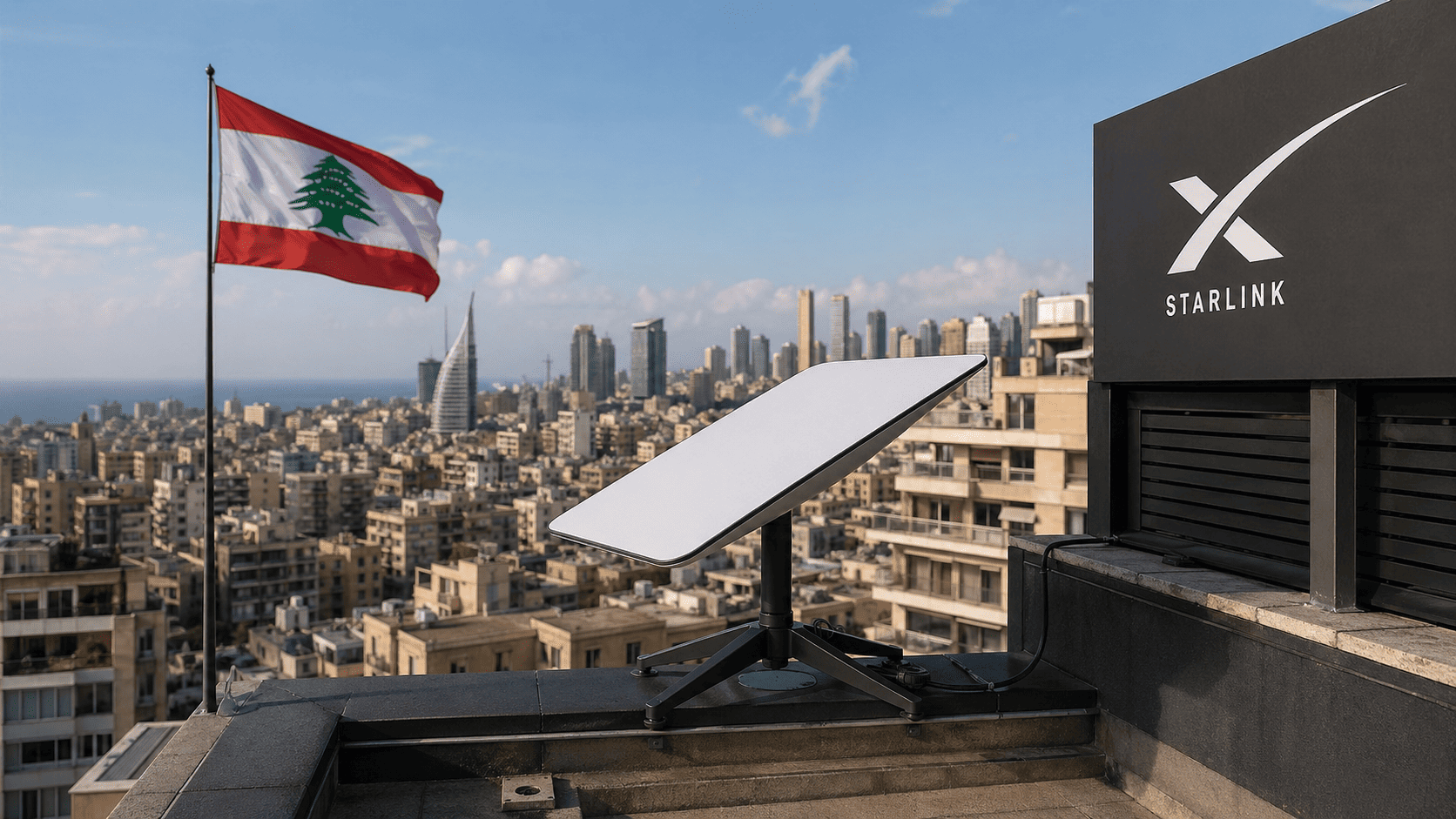 A Starlink satellite dish installed on the rooftop of a commercial building in Beirut with the city skyline in the background