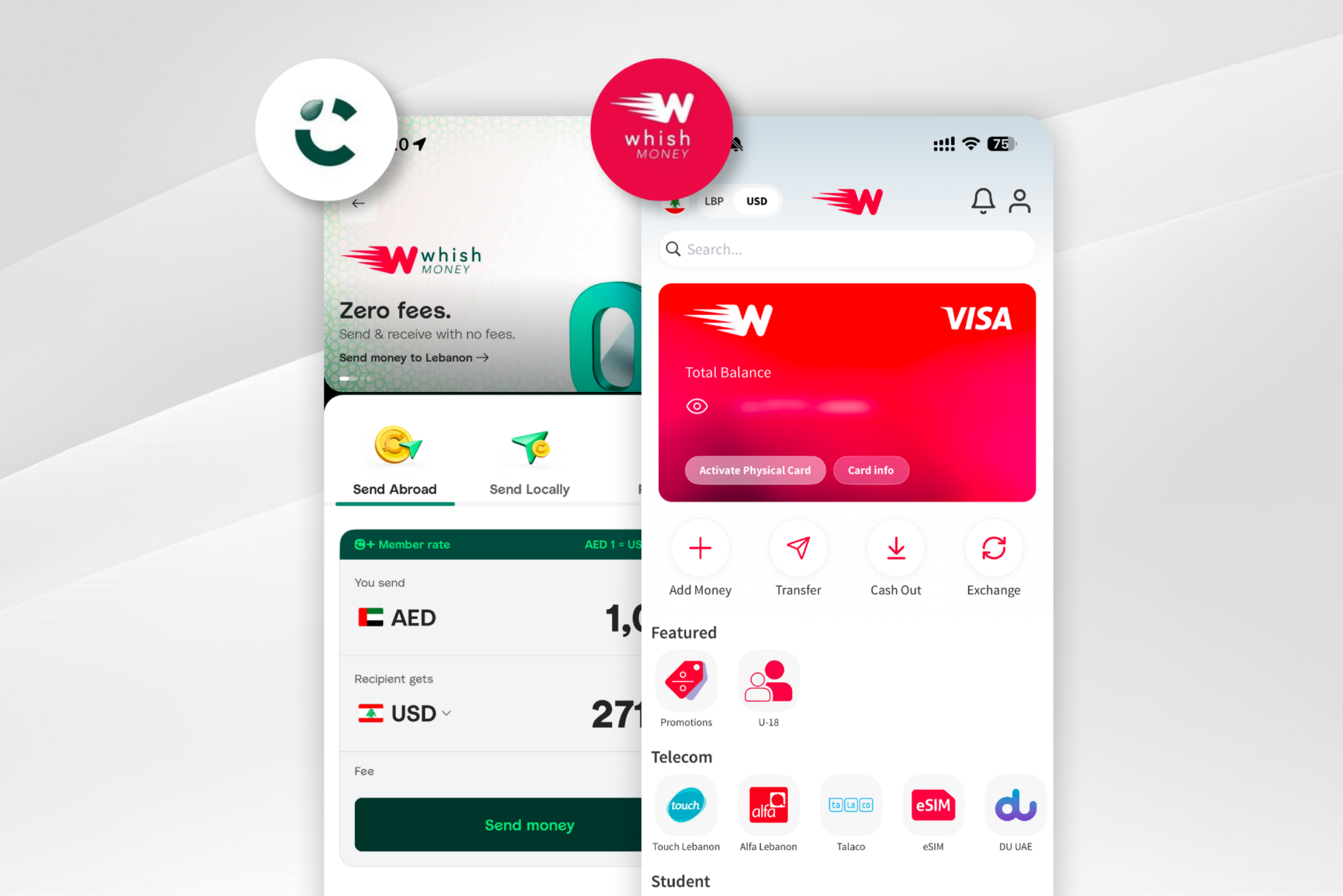 Whish Money branding on a Careem app screen showing a zero fees promotion for sending money to Lebanon, with the Lebanese flag visible in the background.