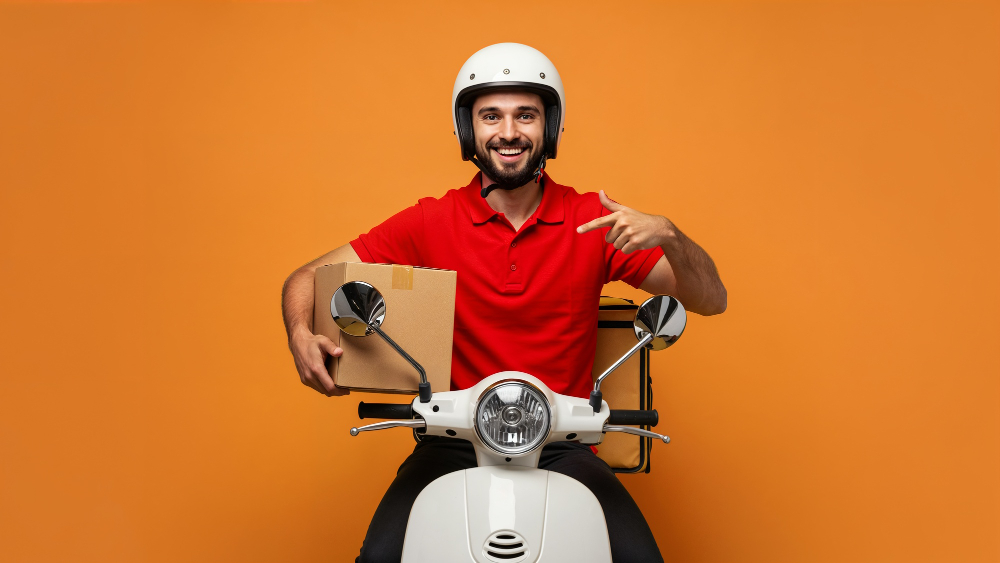 A delivery courier handing a cardboard parcel to a customer at a Beirut apartment door, with a logistics van parked on the street in the background.