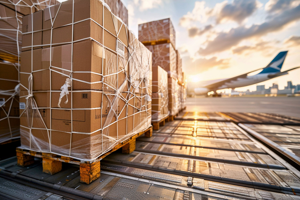 Cargo containers being loaded onto a ship at the Port of Beirut with a freighter aircraft visible in the background, suggesting Lebanese exports headed to the Gulf