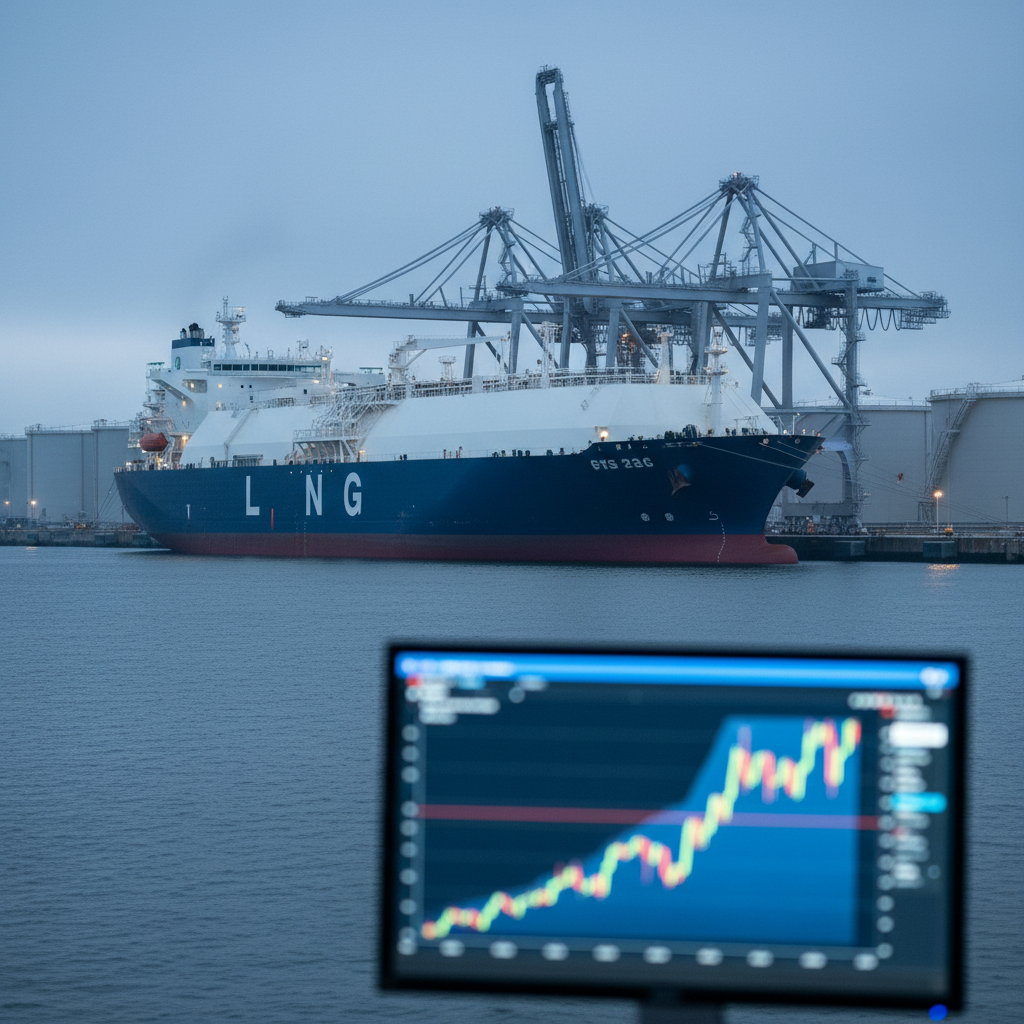 An LNG tanker docked at a European port with a trading screen showing rising gas prices in the background