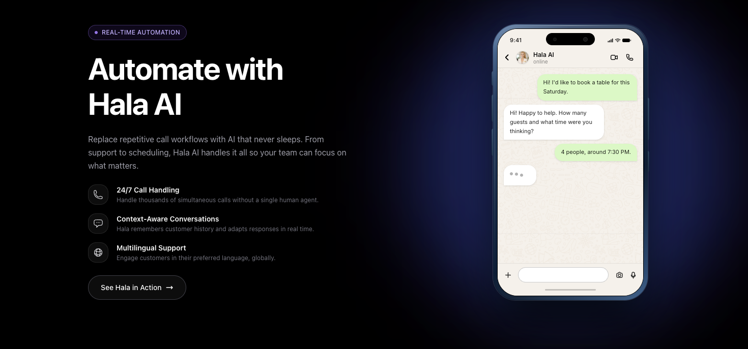 Hala AI product interface showing a WhatsApp chat in Lebanese Arabic with the Hala AI logo and a booking confirmation message.