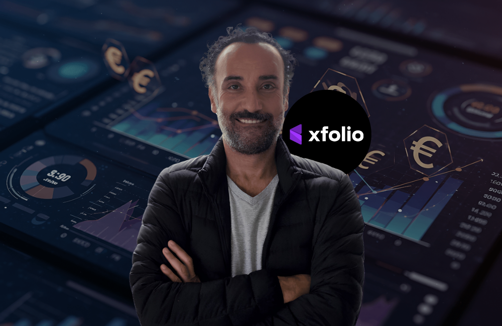 XFOLIO founder Anis Rahal with the company logo, representing a French-Lebanese wealth and treasury management platform built across Paris and Beirut.