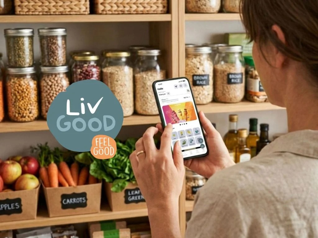 A smartphone showing the LivGood online store filled with health and wellness products, next to gluten-free, vegan and high-protein groceries ready for delivery across Lebanon.