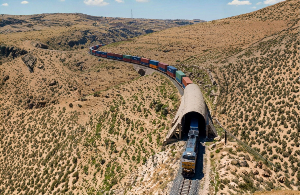 A freight train loaded with stacked shipping containers winds through arid, terraced hills as the lead locomotive emerges from a concrete tunnel portal, illustrating a cargo rail corridor cutting through mountainous terrain.