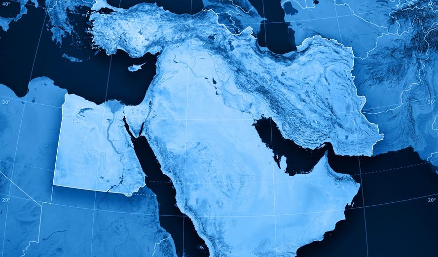 A stylized map of the Middle East and North Africa with rising bar charts overlaid on the UAE and Egypt, representing monthly startup funding flows.