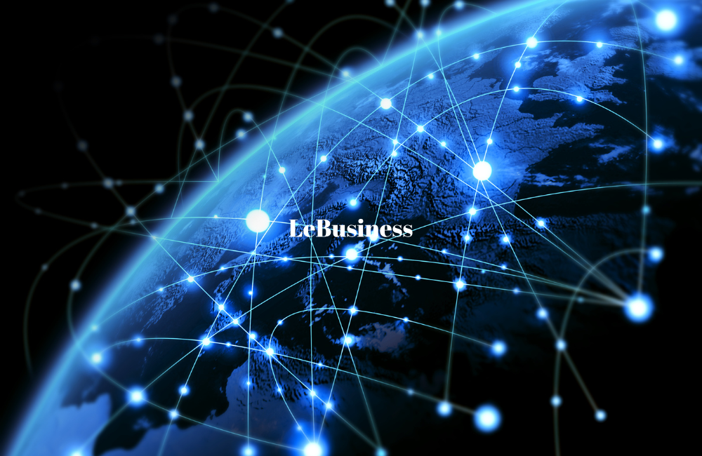 A glowing blue digital globe wrapped in a network of connected light nodes and data lines, with the LeBusiness logo centered over it, representing global internet connectivity and broadband cost rankings.