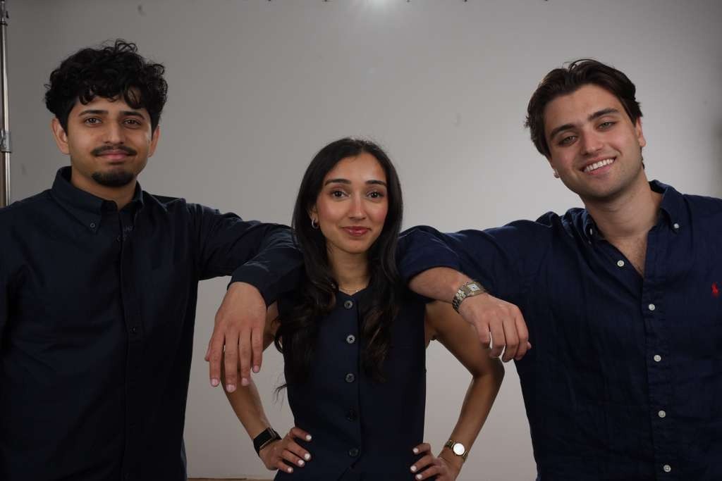 The three co-founders of startup Bounty standing side by side against a plain studio backdrop, from left: Shivam Patel, Aashna Doshi and Rayan Dabbagh.