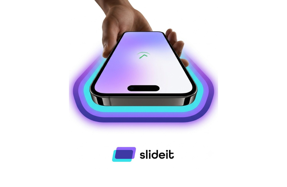 A hand lowers a smartphone into a glowing teal and purple halo, the Slideit app screen showing an upward chevron, with the lowercase "slideit" logo below on a white background.