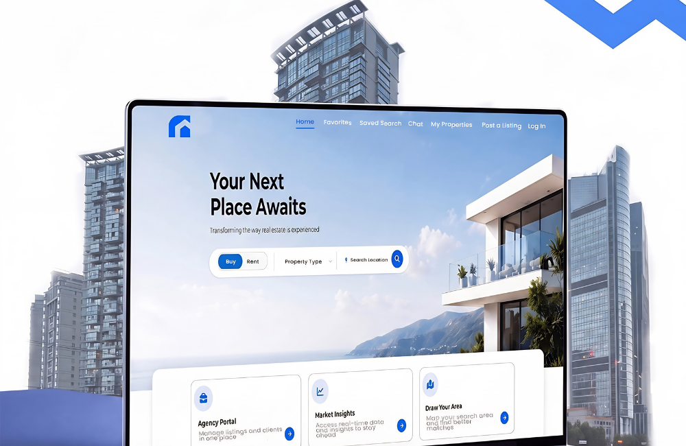 The DoorEast homepage on a laptop, with Buy and Rent search tabs and feature cards for Agency Portal, Market Insights and Draw Your Area, shown against Beirut high rise towers.
