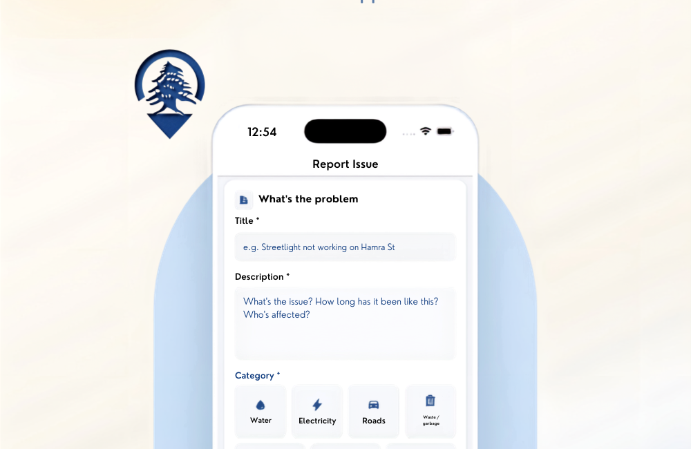 Baladi Map's Report Issue screen on an iPhone, showing title and description fields with an example report about a streetlight on Hamra Street, and category tiles for Water, Electricity, Roads and Waste, beside the Baladi Map pin logo with a Lebanese cedar inside it.