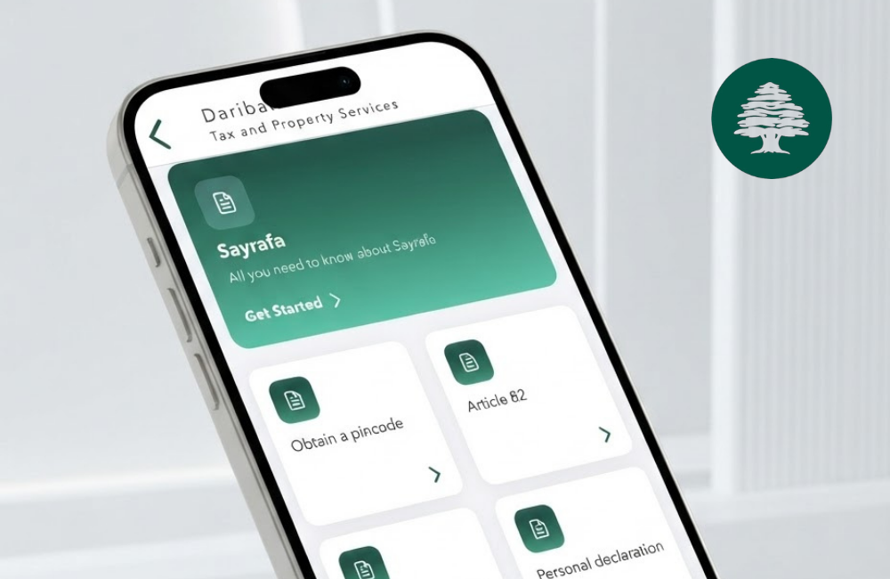 The Daribati app open on an iPhone, showing its Tax and Property Services menu beside a green Lebanese cedar logo