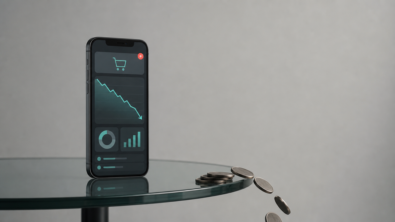 Smartphone showing an ecommerce dashboard with a falling sales chart and a red alert, while coins slide off the edge of a glass table