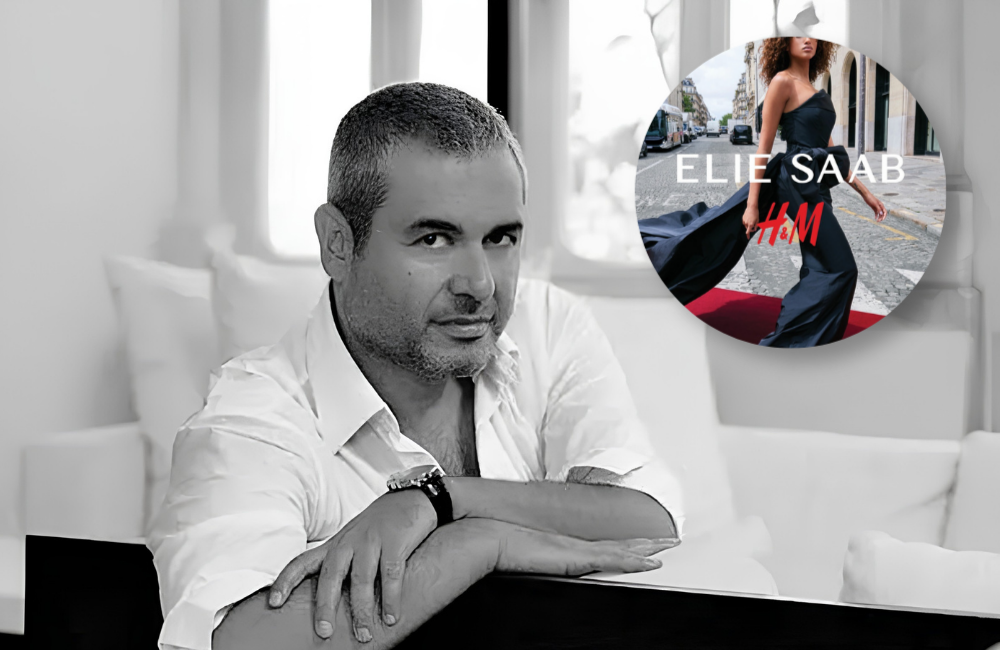 Black and white portrait of Lebanese designer Elie Saab in a white shirt, with an inset of the Elie Saab x H&M campaign showing a model in a navy gown on a Paris street.