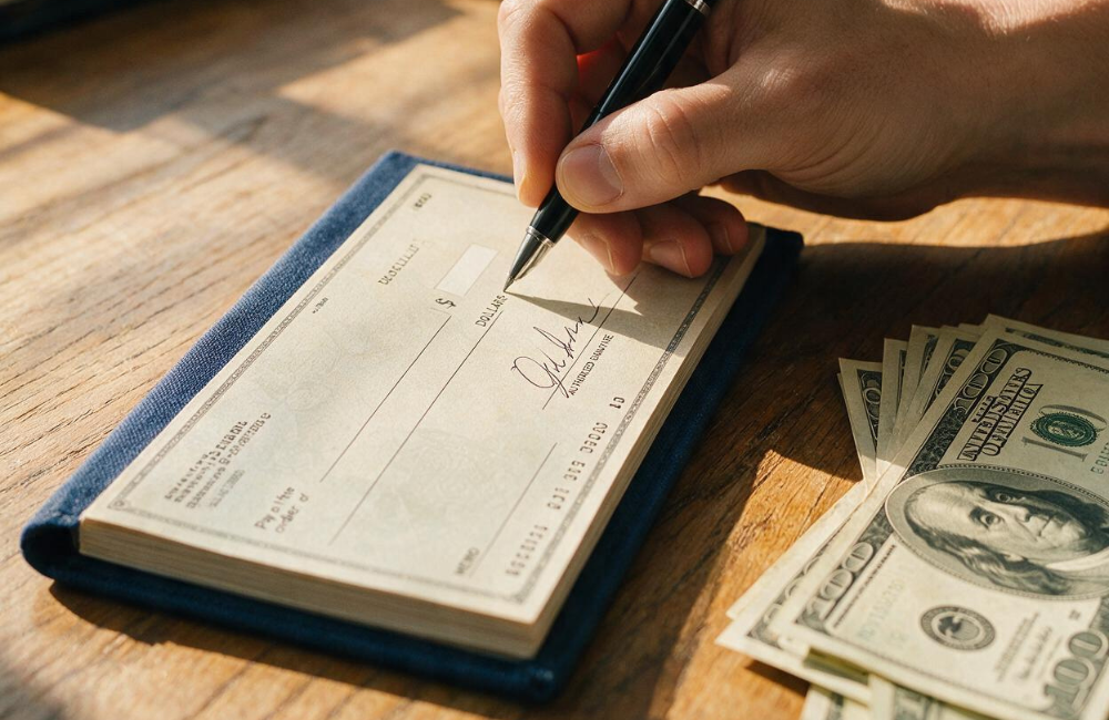 A hand signing a bank check on a desk with US dollar bills