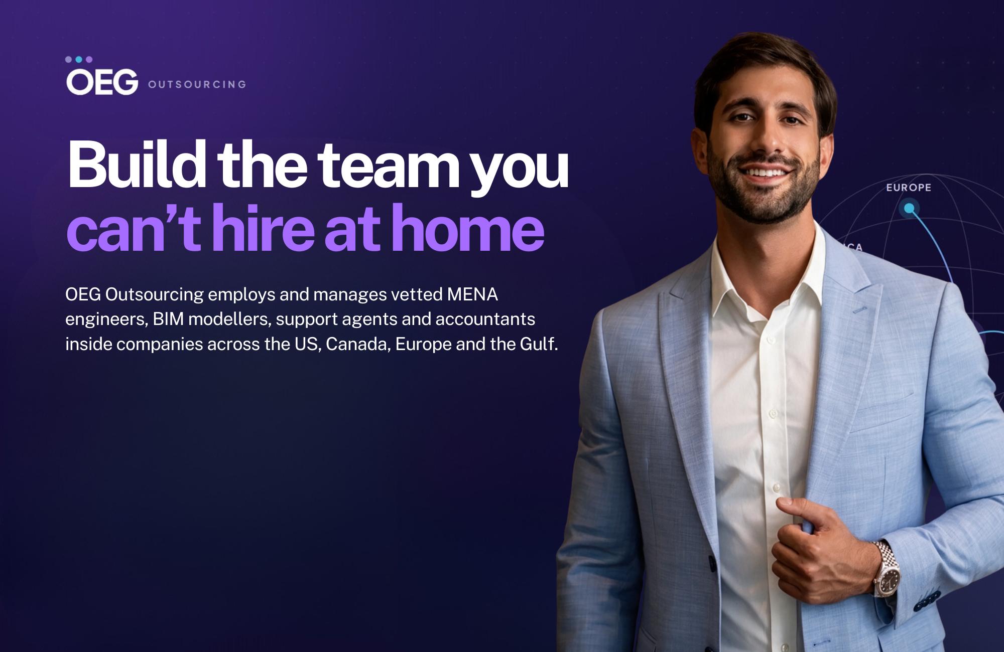 OEG Outsourcing cover card with founder Fayez Nicolas Chaar and the headline Build the team you can't hire at home