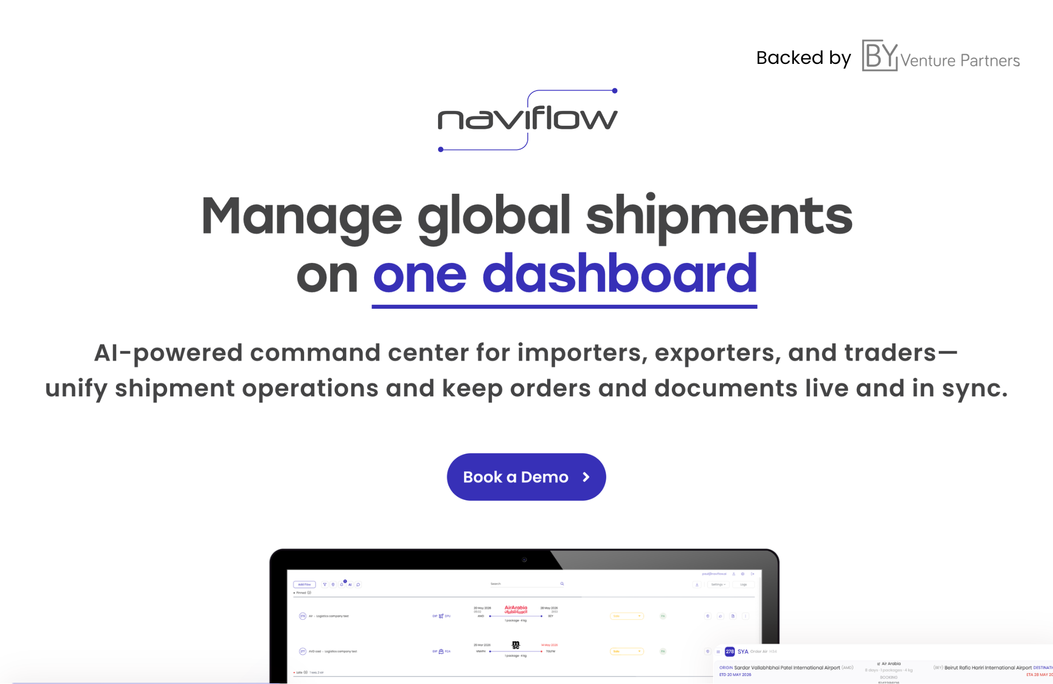 naviflow.ai homepage showing the headline "Manage global shipments on one dashboard" with a Backed by BY Venture Partners badge and a preview of the shipment dashboard below