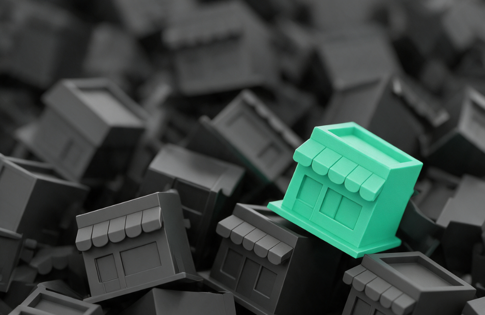 A green miniature storefront stands out on top of a pile of identical grey storefronts, showing a business that stands out from the crowd in search results.