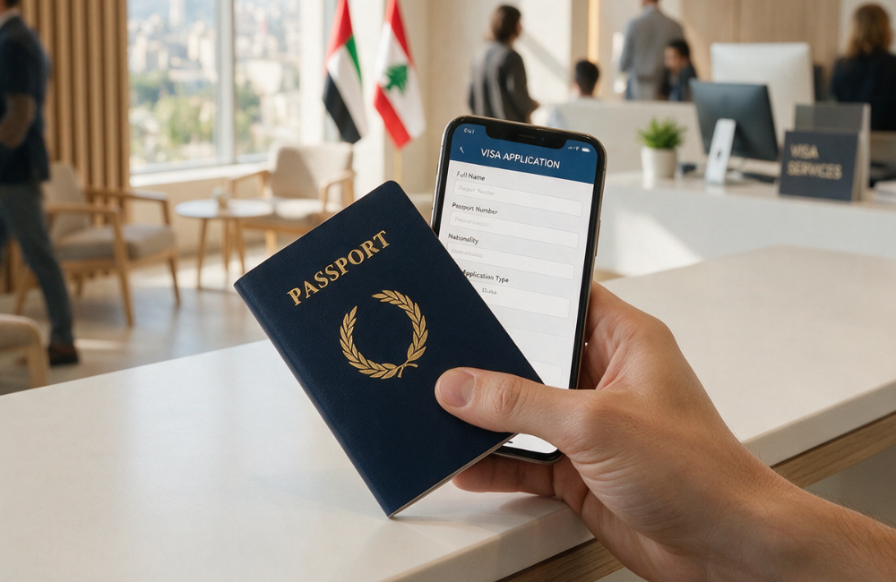 A hand holding a navy passport and a smartphone showing a visa application form at a white service counter, with UAE and Lebanese flags and a bright, modern visa office in the background.