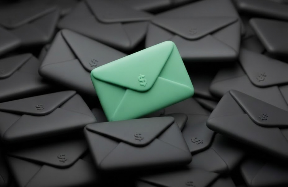 A pile of dark charcoal envelopes marked with small dollar signs, with a single mint green envelope rising out of the center, representing the $6.7 billion Lebanese abroad sent home in 2023.