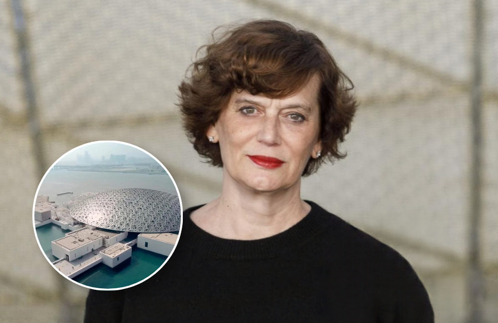 Souraya Noujaim, newly appointed director of Louvre Abu Dhabi, pictured in a black sweater, with an inset aerial view of the museum's domed building on Saadiyat Island.