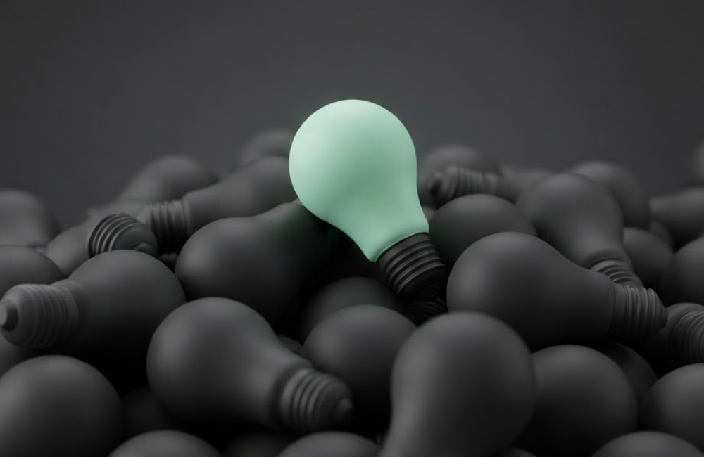 A single mint green lightbulb resting on top of a large pile of dark charcoal lightbulbs against a dark grey background.