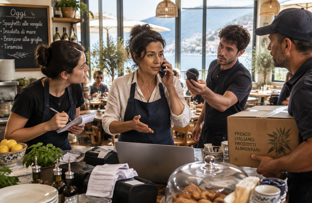 A restaurant owner on the phone behind a busy counter while a waitress with a notepad, a staff member holding out a phone, and a delivery driver carrying a box all wait for her answer.