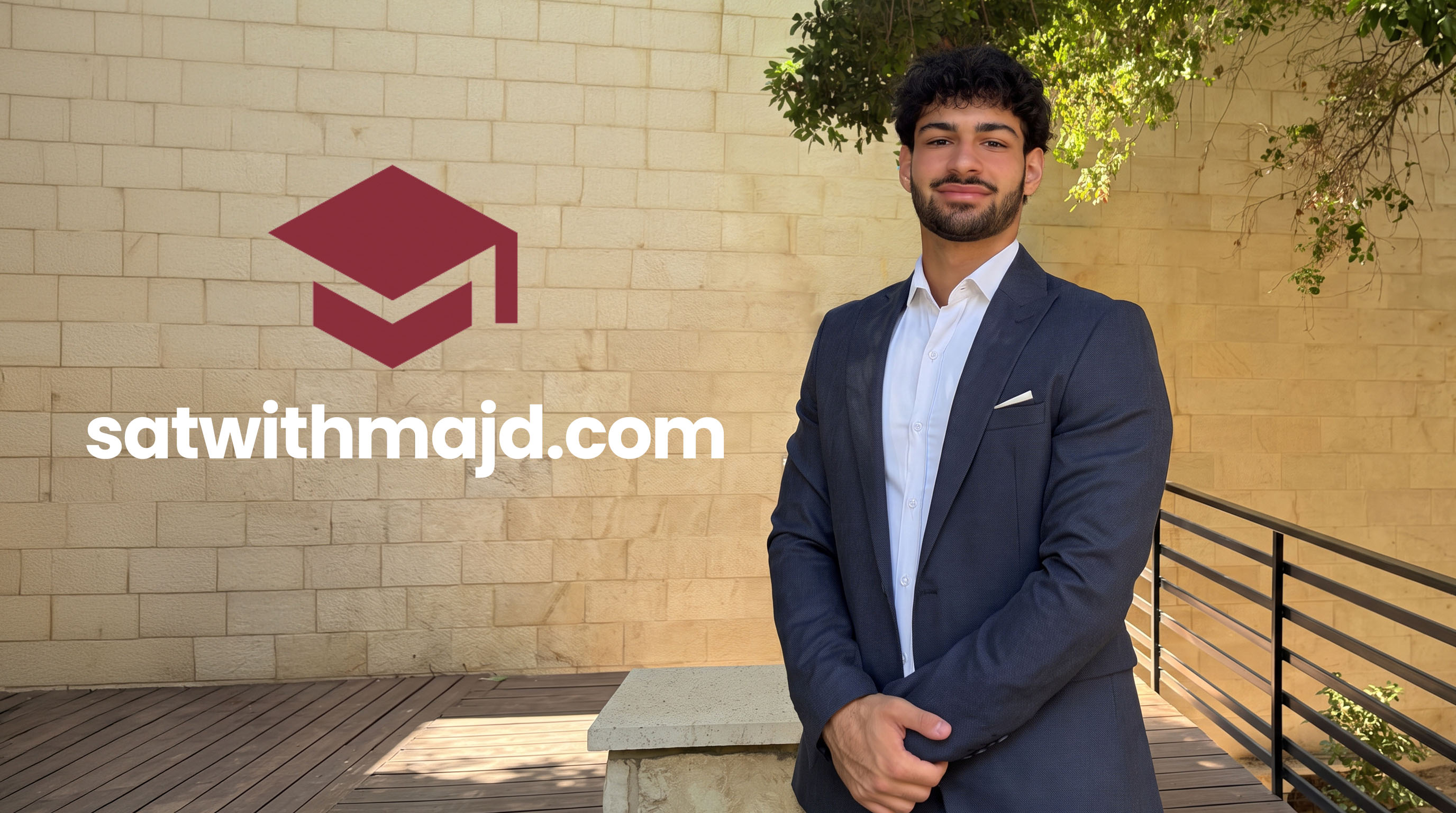 Majd Talhouk of SAT with Majd in a navy suit and white shirt, standing in front of a sandstone wall beside the satwithmajd.com logo and graduation cap icon