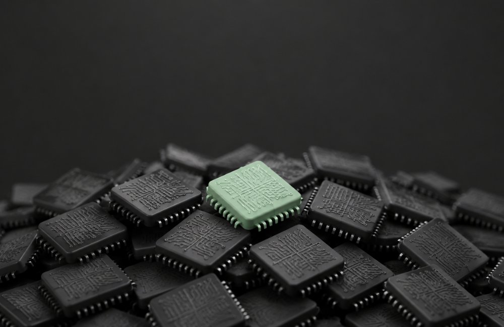 A single mint green microchip sits on top of a large pile of dark grey microchips against a plain black background.
