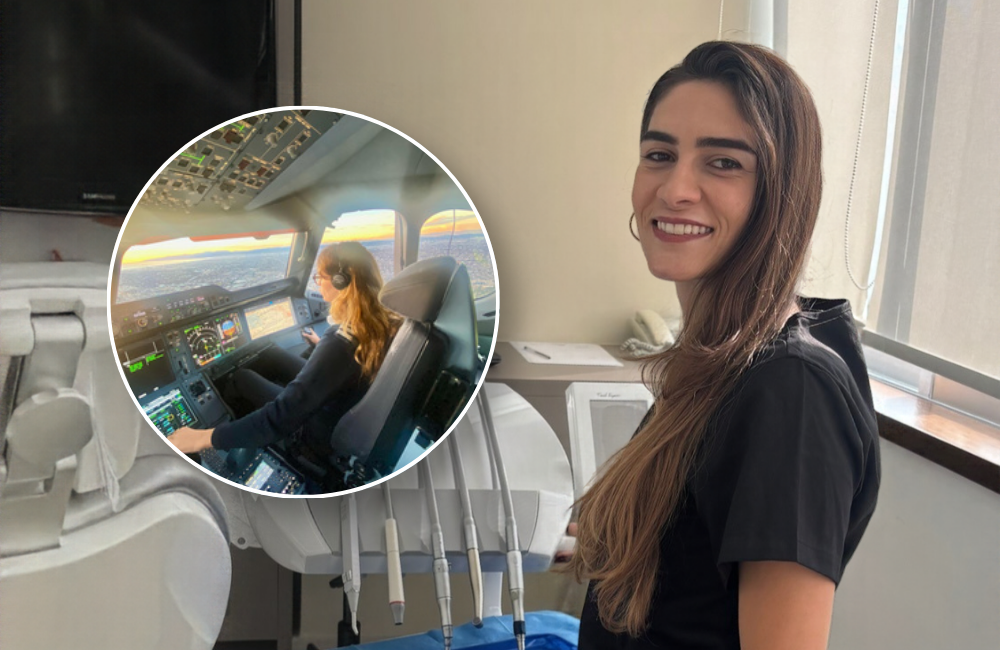 Erica Chbeir smiling in black scrubs beside a dental chair in her clinic, with a circular inset of her at the controls of an Airbus cockpit at sunset.