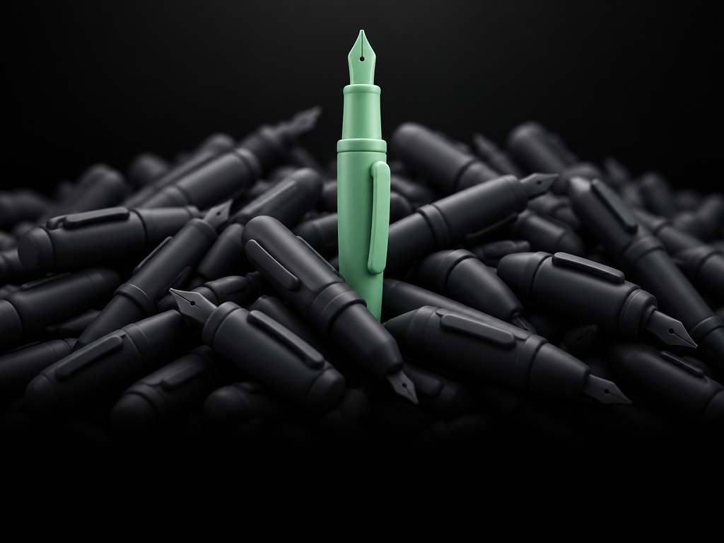 A pile of dark charcoal fountain pens with a single mint green pen standing upright on top.
