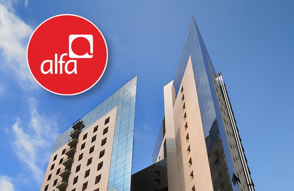 Red circular Alfa logo next to two modern high-rise towers with glass and beige stone facades against a blue sky.