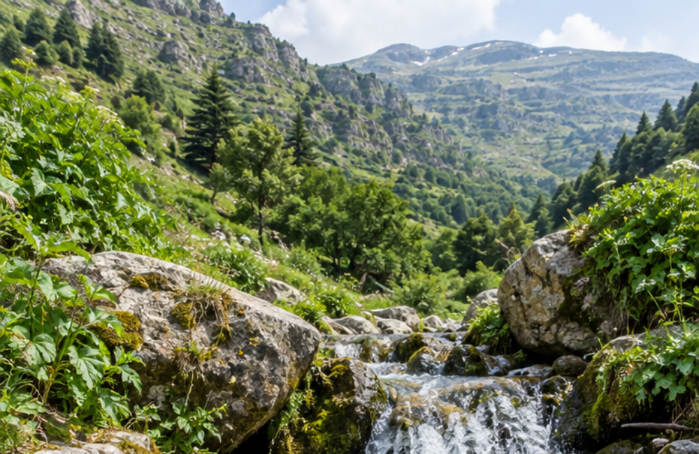 A clear mountain stream flowing over mossy boulders through a green valley, with pine trees and rocky slopes rising toward distant peaks under a blue sky.